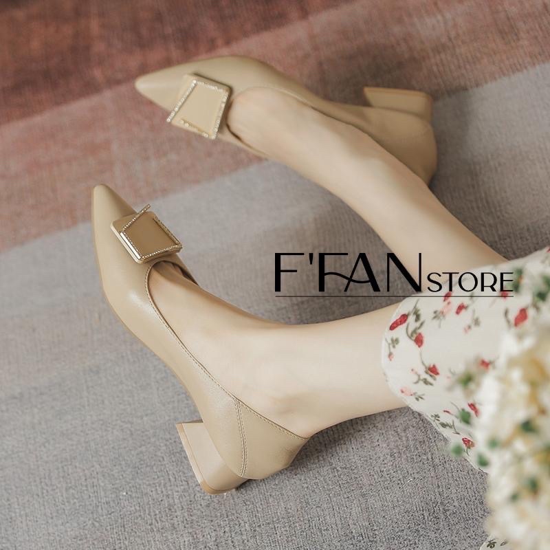 Giày cao gót nữ mũi nhọn  mềm mại, bít mũi gót vuông 3 phân đính đá 1811, màu đen be trắng FFAN STORE