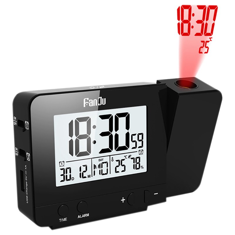 FanJu Alarm Clock Date Snooze Function Backlight Projector-Black#HAVN