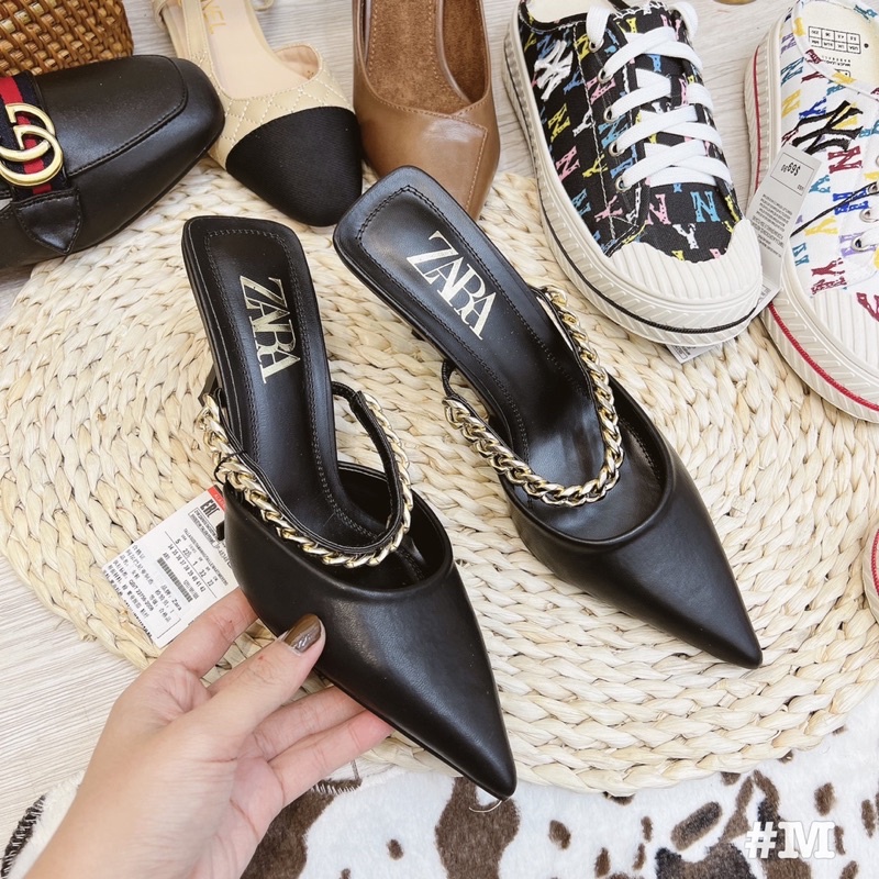 SIÊU HOT - ZARA Guốc Sục Mũi Nhọn Quai Xích Gót Nhọn Hàng Chuẩn Fullbox Hãng Xịn Sò