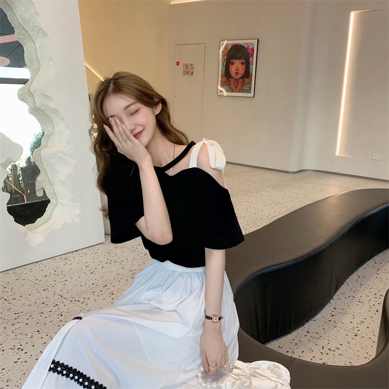 Áo Thun Tay Ngắn Hở Vai Thắt Nơ Phong Cách Hàn Quốc Dành Cho Nữ