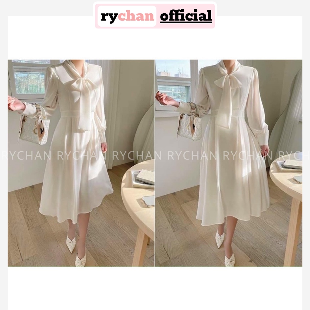 Đầm Nữ Phong Cách Tiểu Thư Tay Dài Cổ Thắt Nơ Dáng Dài Màu Trắng Cực Đẹp - DX9828