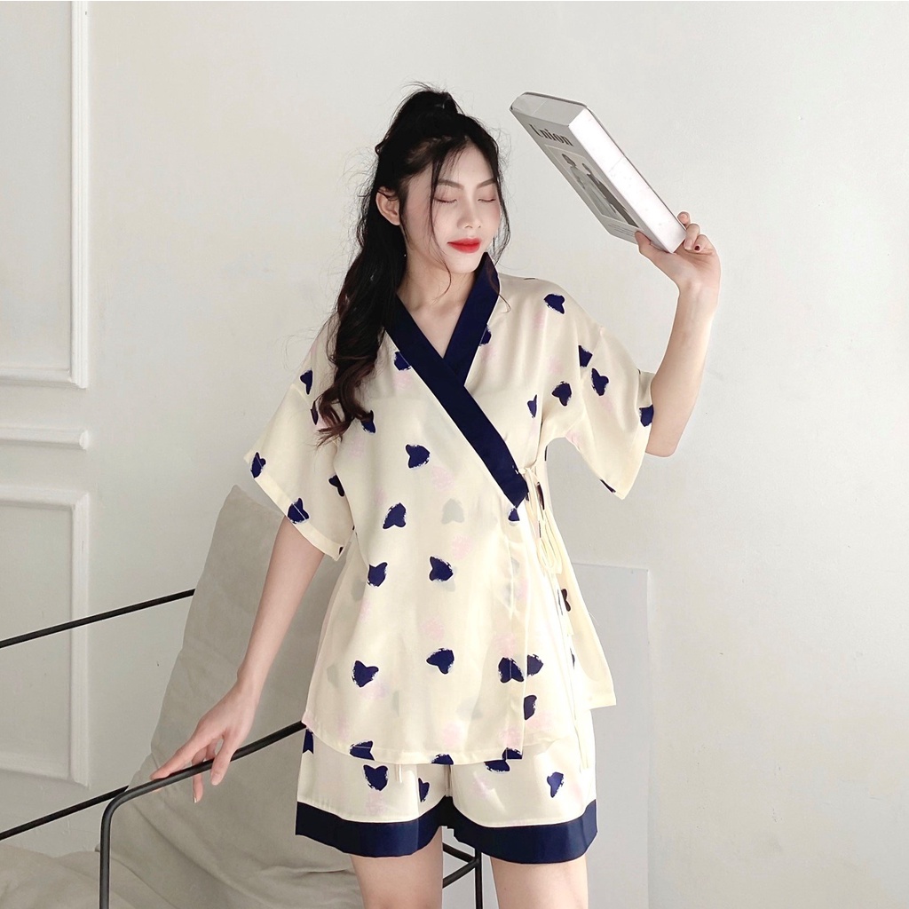 Bộ Kimono Nữ Họa Tiết Cộc Tay 🦋 Set Ngủ Nữ Ngắn Tay Dây Buộc Eo 4 Màu 🦋