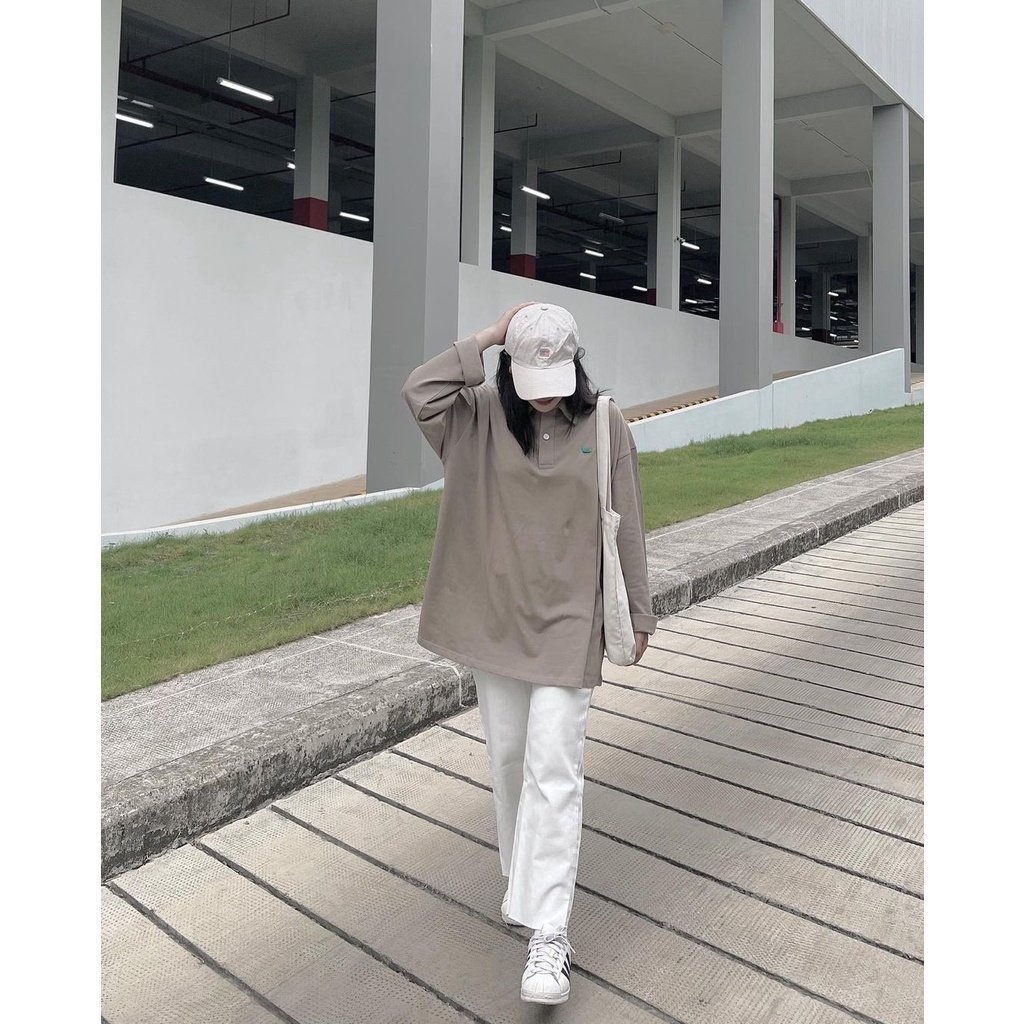 Áo Thun Polo Nữ Dài Tay Áo Phông Nữ  Form Rộng Có Cổ Trơn Basic Chất Liệu Cotton Thô 3 Màu Đen Trắng Nâu Rêu RWE 10236