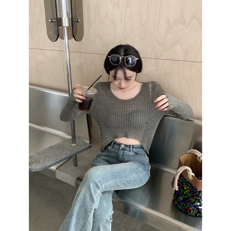 HUANG YOYO  Áo Thun Nữ Dài Tay Cổ Tròn Thời Trang Hàn