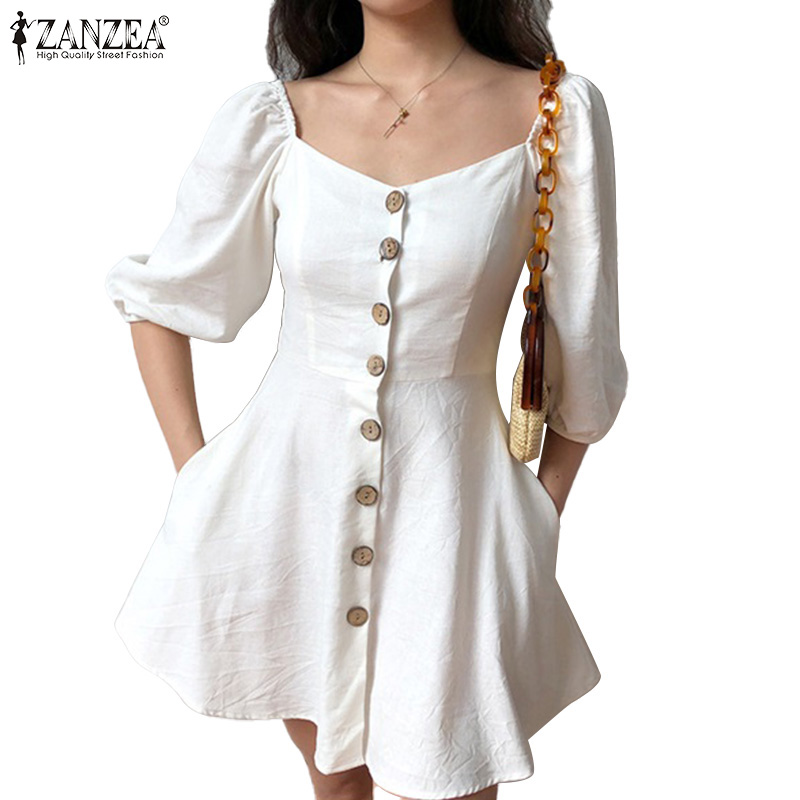 Đầm Ngắn Nữ ZANZEA Màu Trơn Tay Ngắn Cổ Áo Trái Tim Ôm Dáng Thời Trang