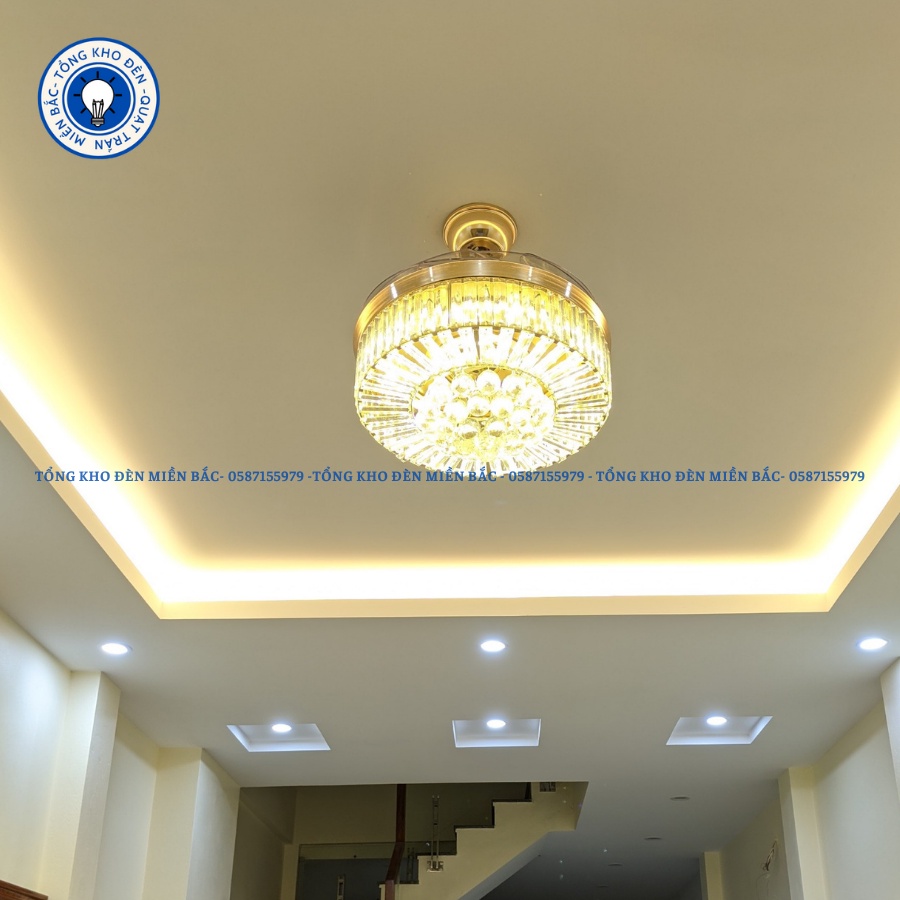 Quạt Trần Pha Lê Giấu Cánh, Quạt Trần Đèn Trang Trí Phòng Khách Bảo Hành 10 năm