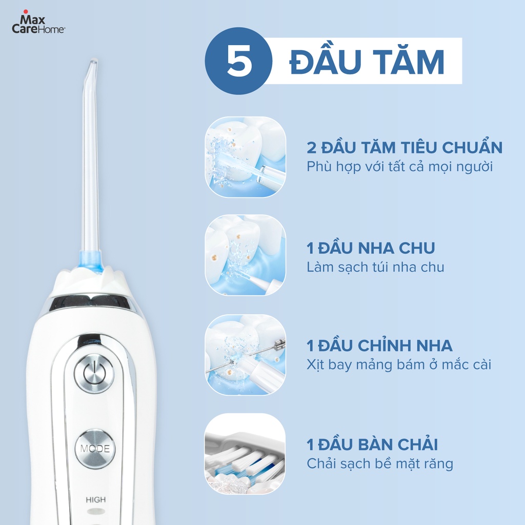 Máy tăm nước cầm tay Maxcare Max456S [SIÊU SẠCH] Nhật Bản - Tặng túi đựng cao cấp &amp; 5 đầu tăm - BH chính hãng 12 tháng