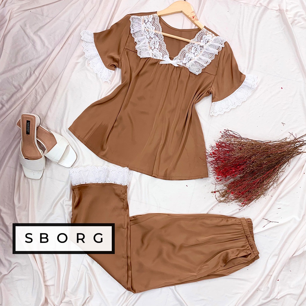 Đồ bộ mặc nhà SBORG bộ pijama lụa latin cao cấp cổ tim viền ren dễ thương phối quần dài có túi freesize 65kg quà tặng vợ