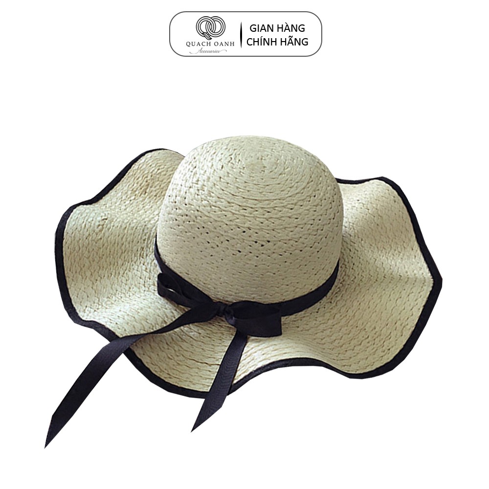 Mũ nón cói QO ACCESSORIES vành rộng lượn sóng viền đen dây nơ cho mẹ và bé đi biển mùa hè MU35