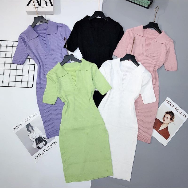 Váy đầm len body nữ cổ bẻ cộc tay bassic