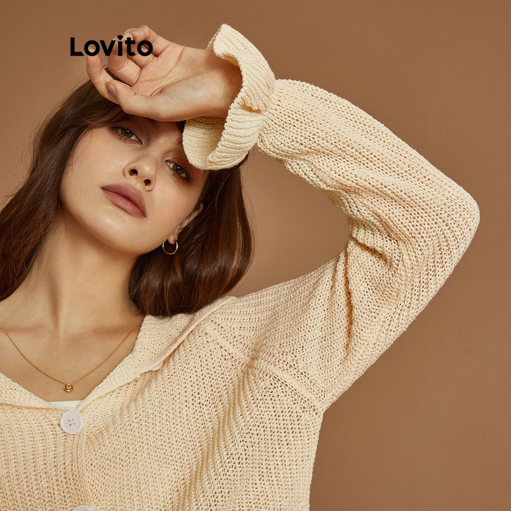 Áo len nữ Lovito Thác nước phía trước nút đồng bằng Bình thường L32UD013 (Quả mơi)