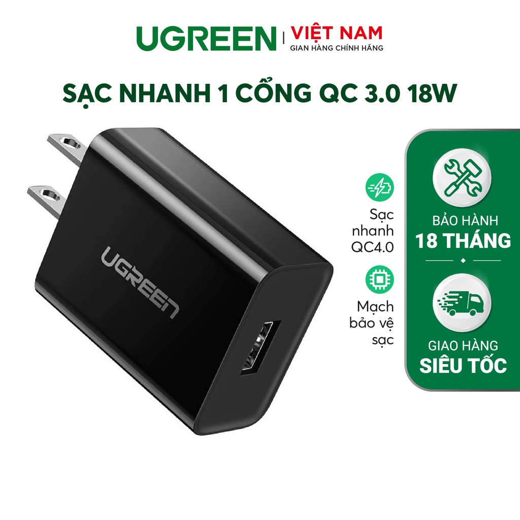 Sạc nhanh 1 cổng USB-A UGREEN CD122 - Hỗ trợ Qualcomm Quick Charge 3.0 công suất 18W