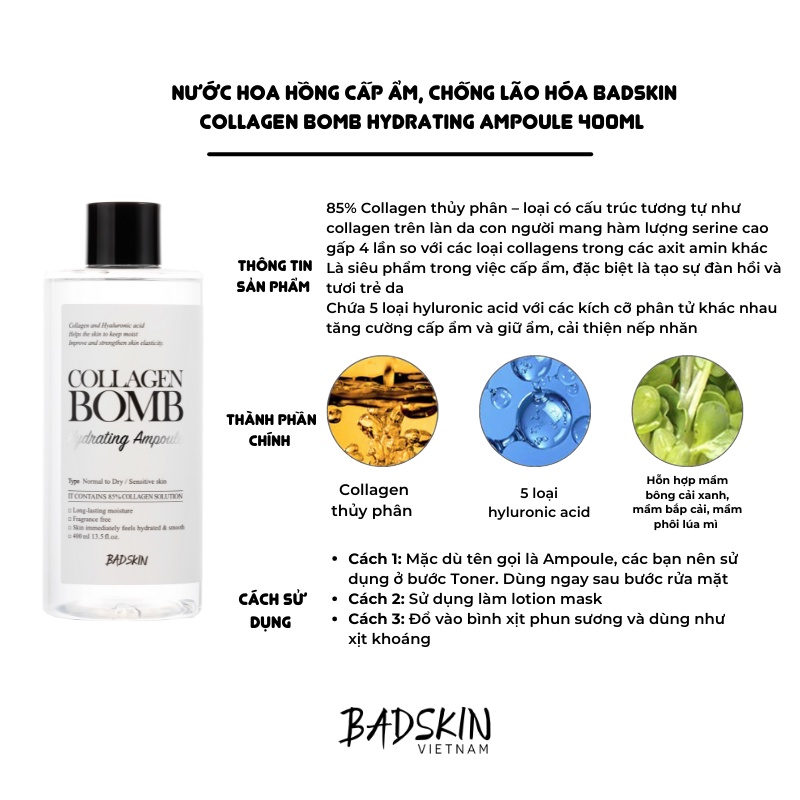 Nước hoa hồng Cấp Ẩm Badskin Collagen Bomb Hydrating Ampoule 400ml