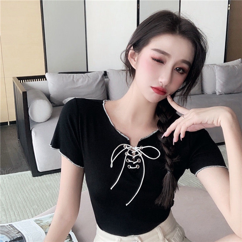 Áo Thun Lụa Dệt Kim Tay Ngắn Phối Dây Rút Thời Trang Quyến Rũ Cho Nữ