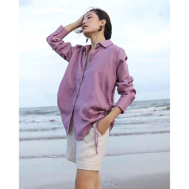 Áo sơ mi nữ Linen dài tay form rộng rút eo trẻ trung