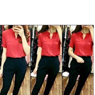 Áo công sở cổ trụ có 2 túi ĐỎ