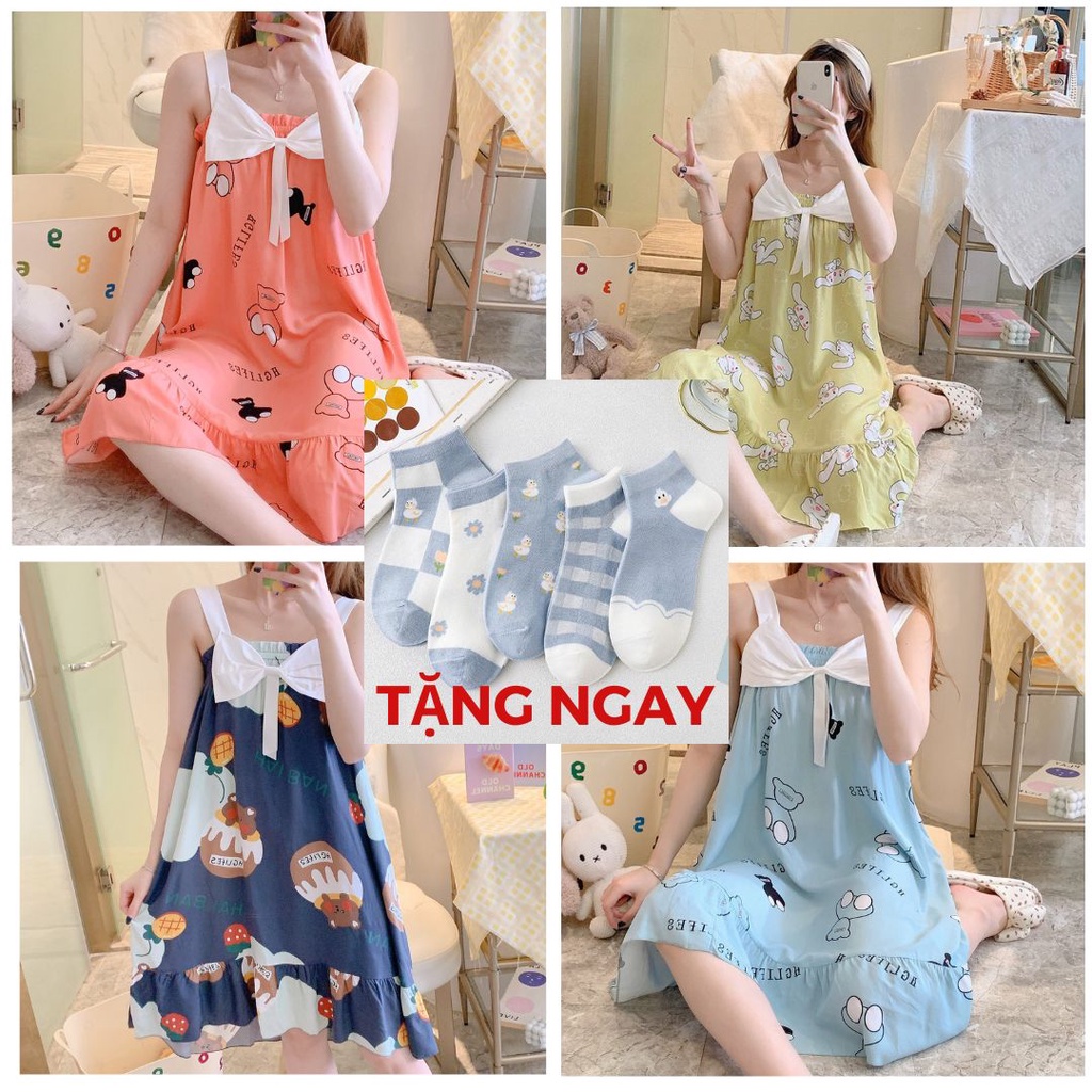 Đầm mặc ở nhà váy hai dây big size chị em bầu mặc đẹp chất thun mềm mịn free size tới 75kg