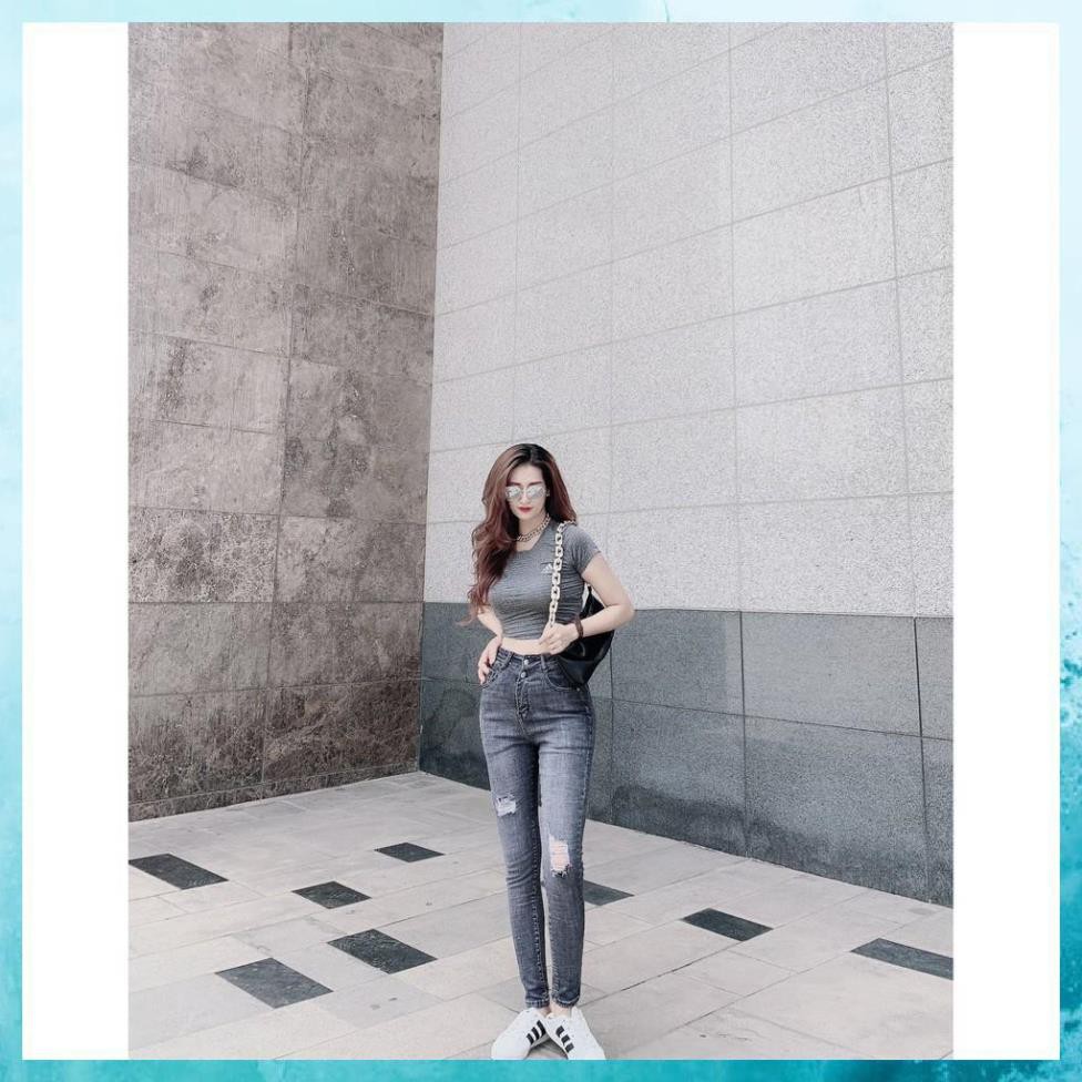[TH Jeans] Quần bò dài rách, quần skinny jeans lưng cao túi chéo màu khói xám. Mã D5150