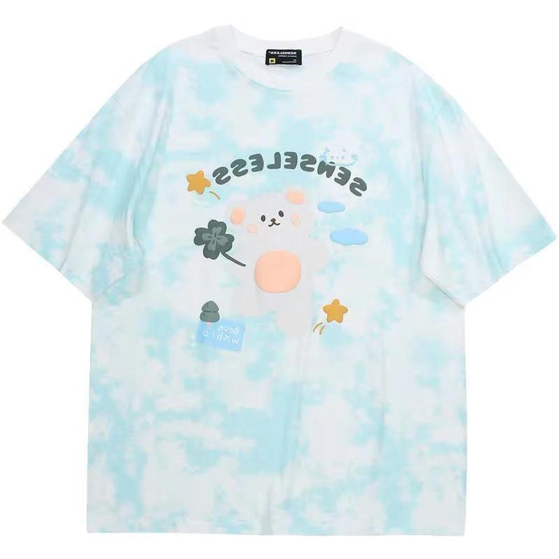 Áo Thun Tay Ngắn Cổ Tròn Dáng Rộng In Họa Tiết Chú Gấu Hoạt Hình Phong Cách Nhật Bản Thời Trang Mùa Hè Cho Bé Gái 11-14 Tuổi