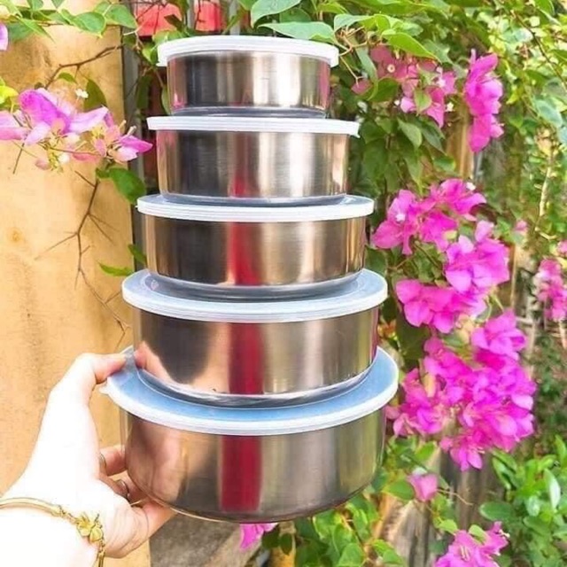 Bộ 5 bát inox có nắp đậy hàng dày dặn