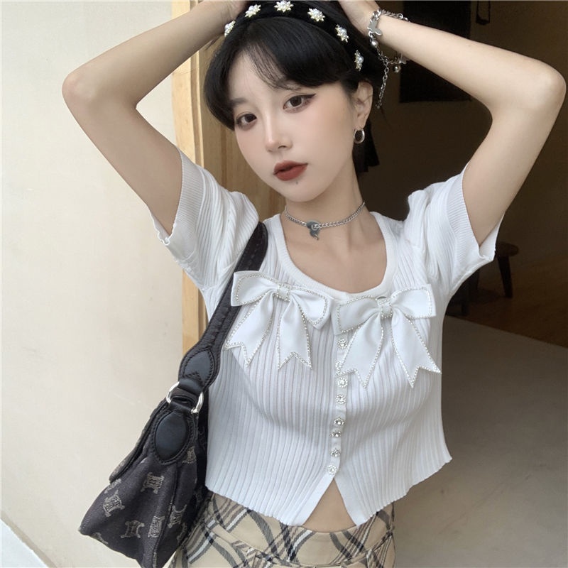 Áo Thun Tay Phồng Ngắn Thắt Nơ Ngọt Ngào Và Ngọt Ngào Thời Trang Mùa Hè Cho Nữ