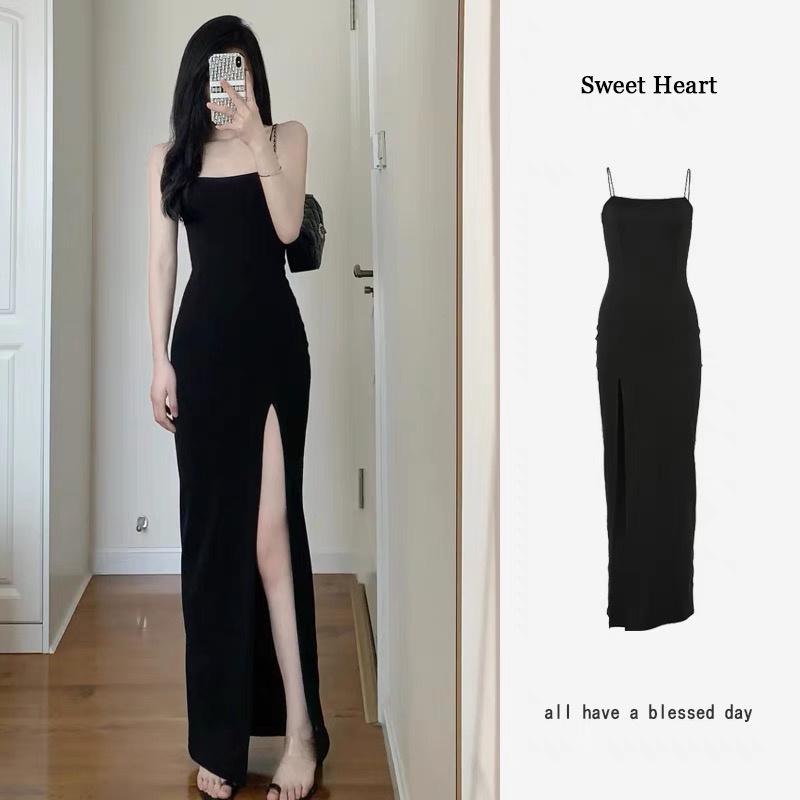 Váy dài 2 dây xẻ tà màu đen Phong cách cổ điển Pháp Váy body sexy nữ