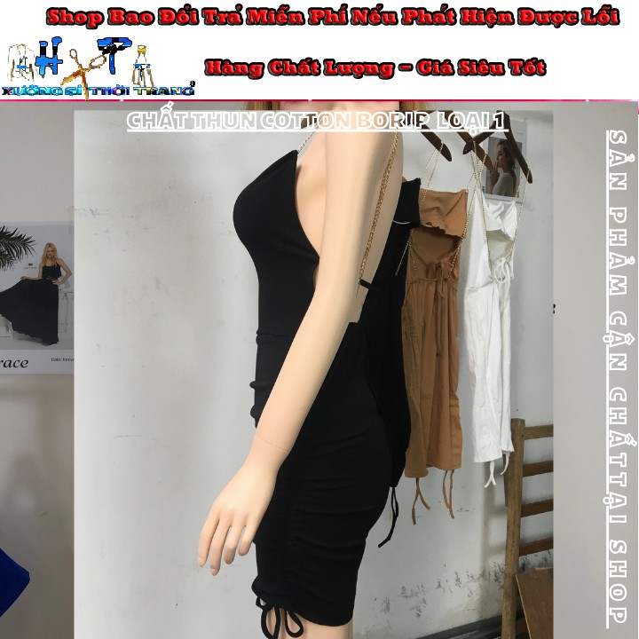 Váy đầm nữ 2 dây hở lưng dây xích vàng rút eo ôm body chất thun cotton màu đen dự tiệc thời trang sexy-VD16 | BigBuy360 - bigbuy360.vn