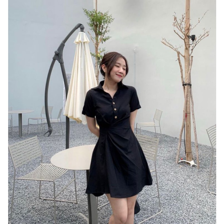 Váy xếp ly cổ sơ mi rúm chéo vintage Hàn Quốc - Ảnh thật Yena Closet