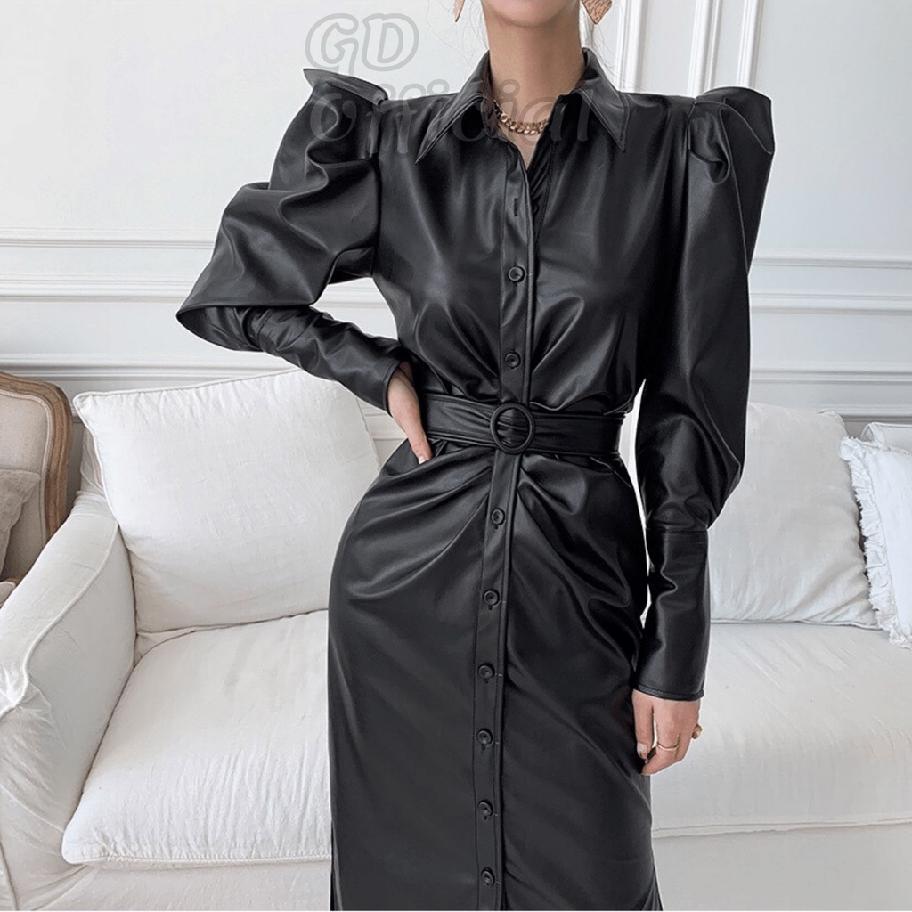 D29|Đầm da PU khí chất sang trọng kèm thắt lưng cho nữ công sở, dạ tiệc màu đen gd_order