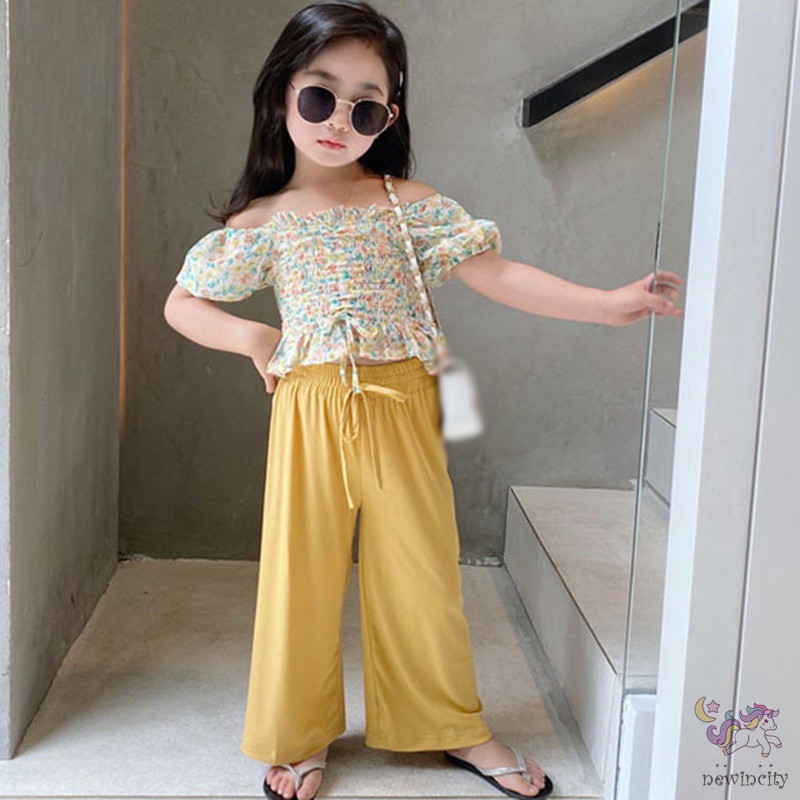 Set áo kiểu in hoa + quần dài ống rộng dành cho bé gái