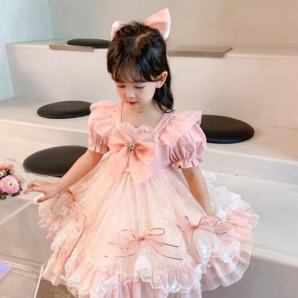🌸FOOFOO🌸 lolita váy màu hồng Đầm Lolita Phối Ren Lưới Thắt Nơ Phong Cách Phương Tây Thời Trang Mùa Hè lolita Cho Bé Gái