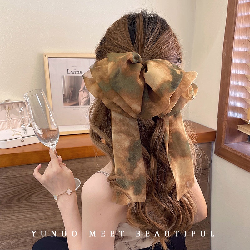 Kẹp Tóc Nơ Chiffon In Họa Tiết Mực In Mẫu Mới 2022 Thời Trang Cho Nữ