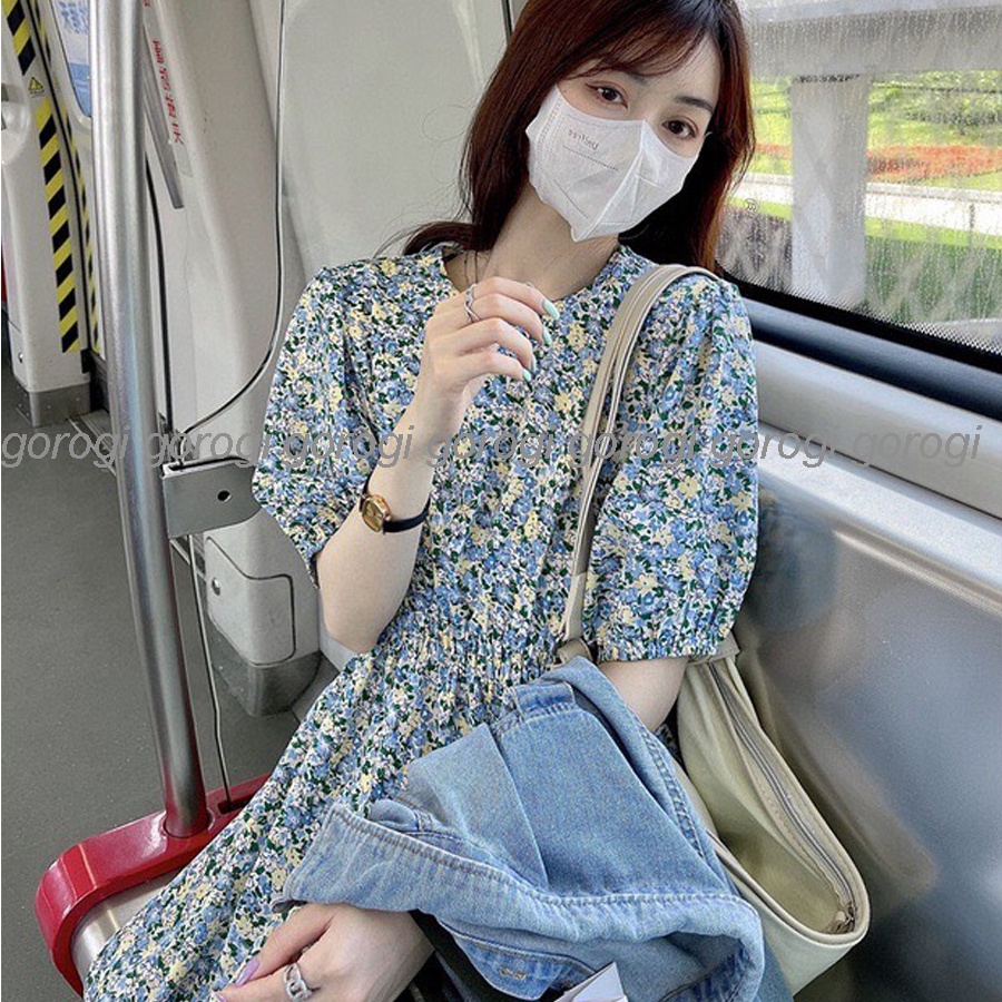 Váy hoa nhí dáng dài dự tiệc xinh bigsize nữ bánh bèo Gorogi, đầm hoa nhí dài dự tiệc tay phồng ulzzang | BigBuy360 - bigbuy360.vn