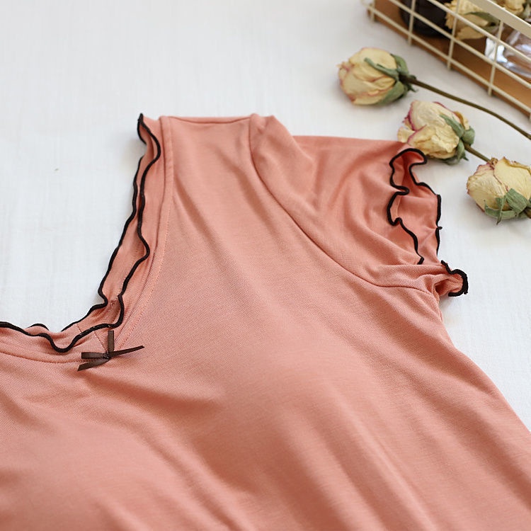 Đầm Ngủ Tay Ngắn Màu Trơn Có Mút Đệm Ngực Dễ Thương Dành Cho Nữ