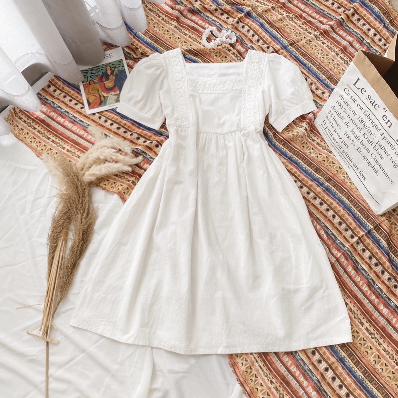 Babydoll trắng cổ vuông viền ren (kèm hình thật)