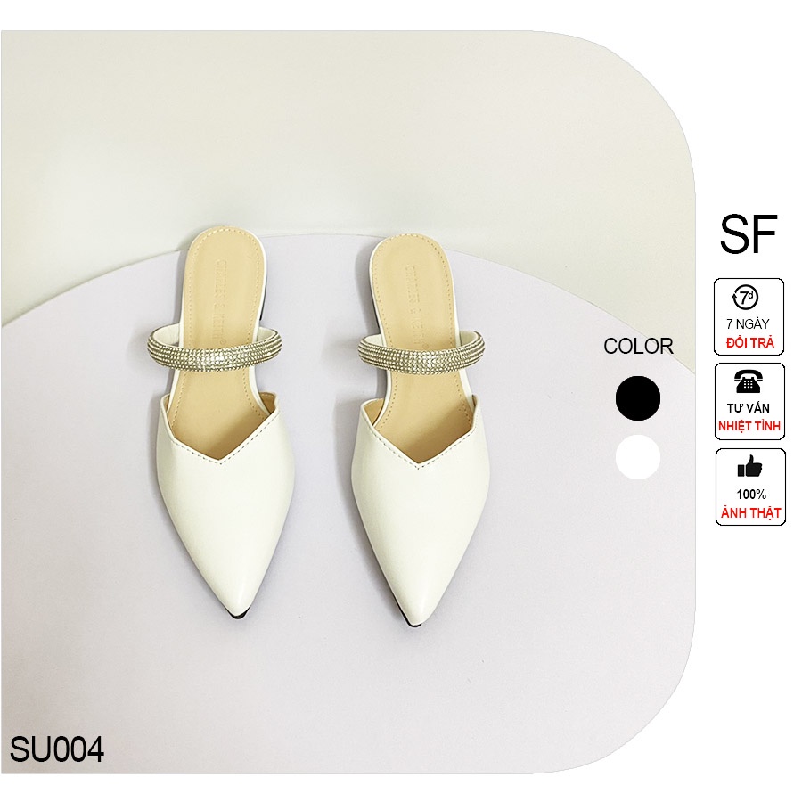 Giày sục nữ Shoes Fashion 1cm mũi nhọn, sục bệt da lì quai ngang đá - SU004