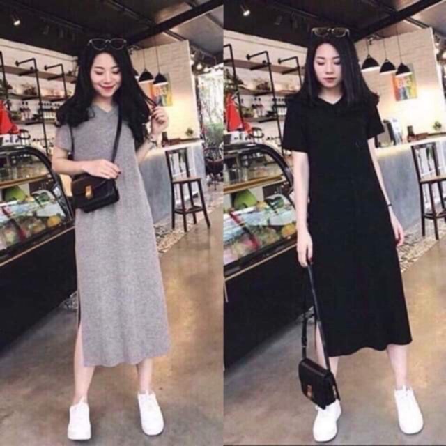 Váy xuông BASIC cổ tim dáng dài xẻ gấu