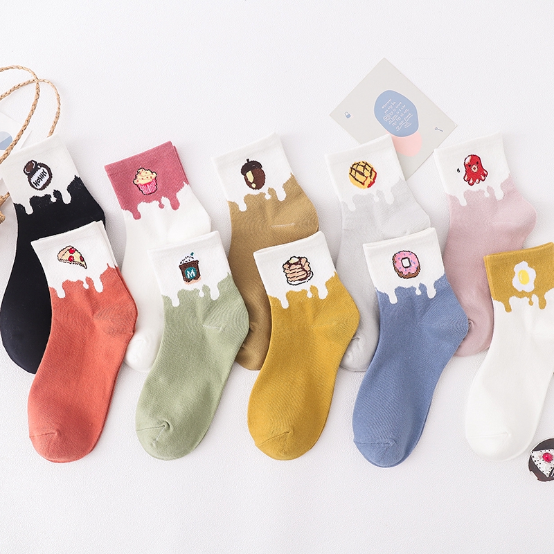 Korean Ins Cute Food Print Women Socks Cartoon Colorful Long Crew Female Cotton ...