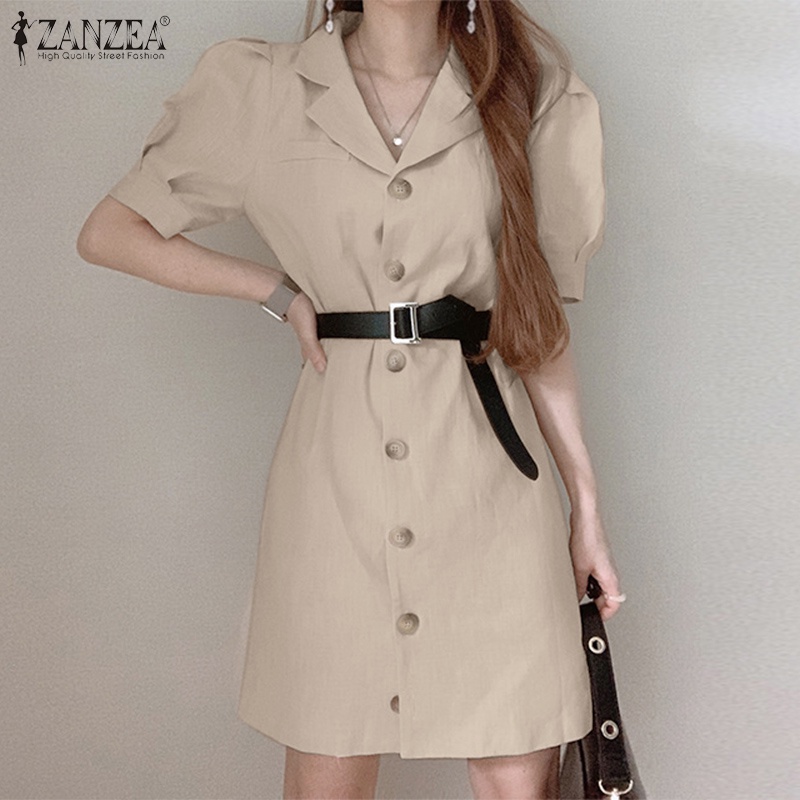 Zanzea Đầm Midi Ngắn Tay Cổ Bẻ Thời Trang Vintage Đường Phố Cho Nữ (Không Kèm Thắt Lưng)