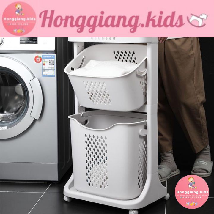 Kệ giỏ  3 tầng có bánh xe bằng nhựa plastic đựng đồ cho bé, kệ để đồ nhà tắm, đồ máy giặt, đồ dơ - Giá để đồ tiện lợi