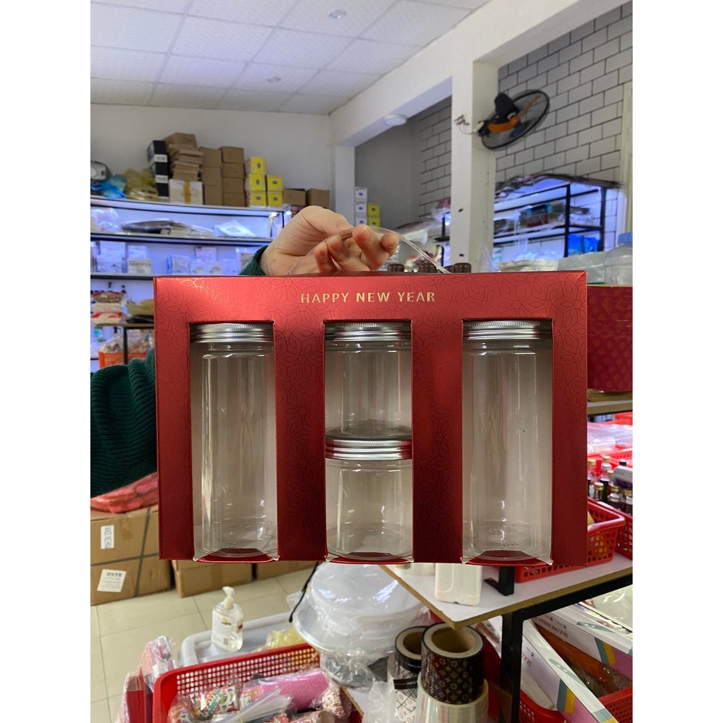 Hộp đựng 3 hũ nhựa quà tết