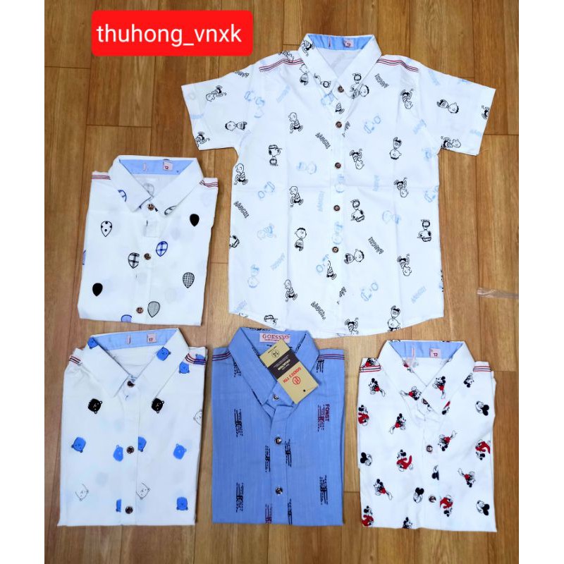 Sơ mi bé trai size Đại từ 28kg đến 43kg. Chất mát mịn. Co giãn. Hình in kute.