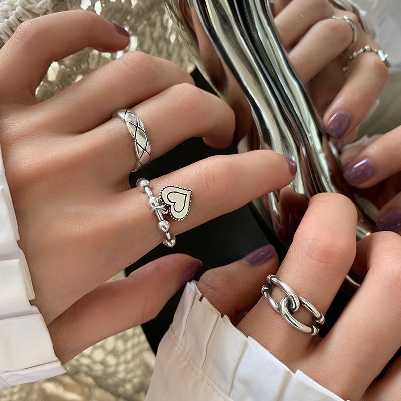 Set 7 nhẫn 17KM đeo đốt ngón tay mạ bạc phong cách vintage