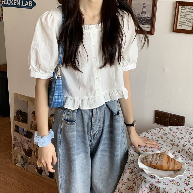 Áo Croptop Tay Ngắn Cổ Vuông Kiểu Pháp Thiết Kế Ngọt Ngào Cho Nữ