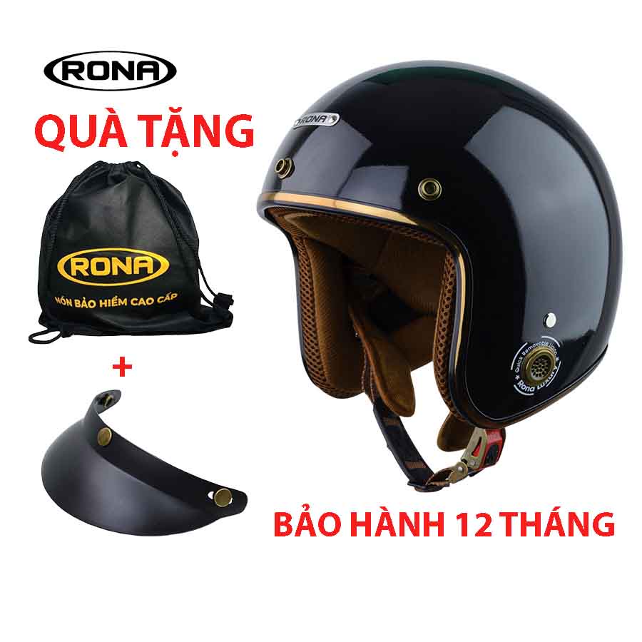 Mũ bảo hiểm 3/4 RONA màu đen bóng chính hãng, bảo hành 12 tháng, freeship toàn quốc