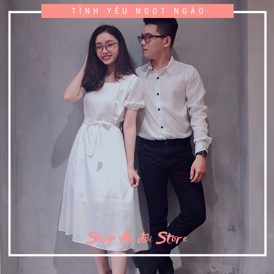 Bộ áo váy sơ mi cặp cao cấp, đồ đôi nam nữ dễ thương, chất đẹp để chụp hình cưới, đi du lịch