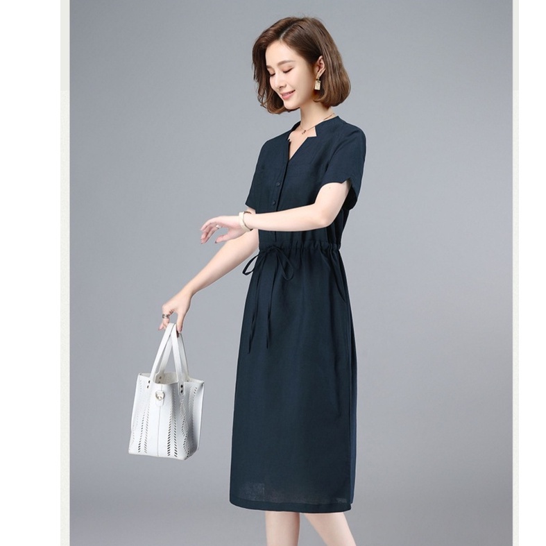 Đầm linen dáng suông, váy sơ mi nữ  thiết kế cổ V ngắn tay công sở màu xanh đen Da164