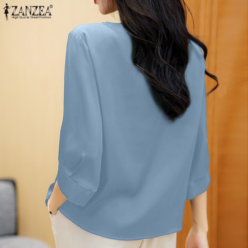 Áo thun Zanzea vải satin tay phồng cổ tròn màu trơn thời trang dành cho nữ
