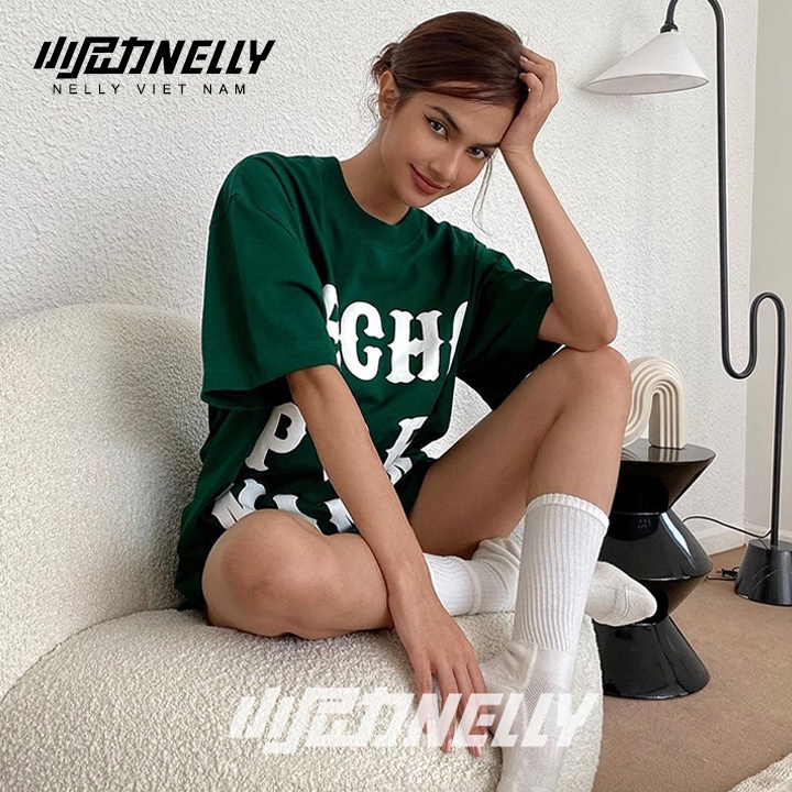Áo thun nữ xanh trendy NELLY cotton premium form dáng rộng unisex tay lỡ hecho