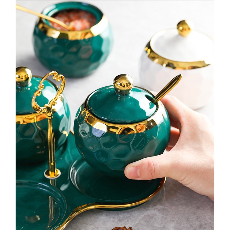 Bộ 3 hũ đựng gia vị sứ tròn nhiều màu viền vàng cao cấp phong cách Bắc Âu